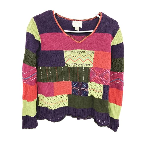 Christopher & Banks Multicolor Patchwork V-Neck Sweater Size L Grandmacore - Picture 1 of 6